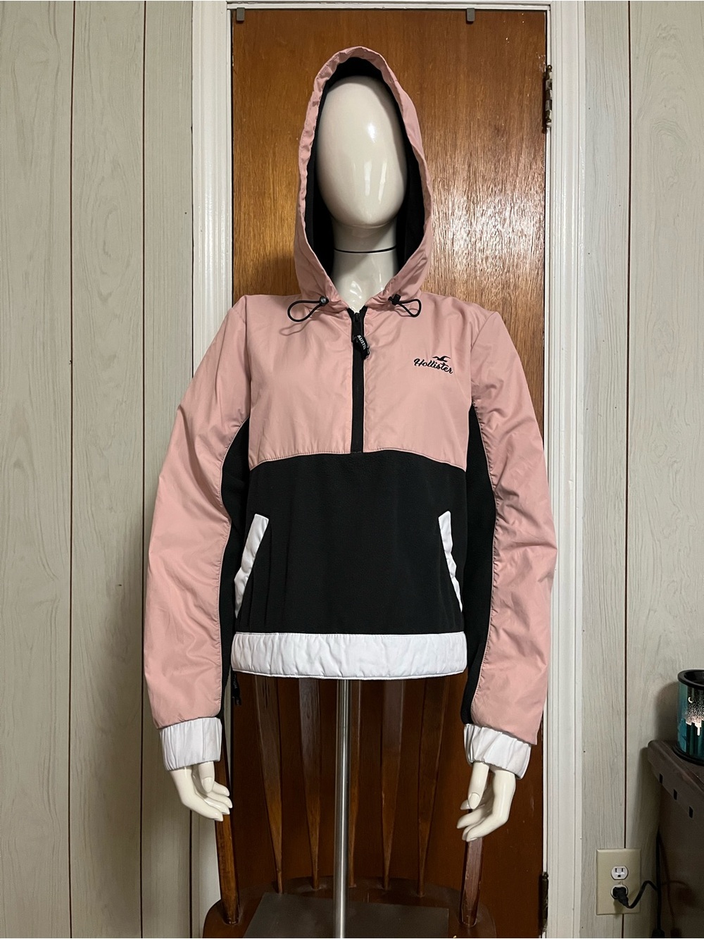 Hollister Pink, Black & White Colorblock Hooded Windbreaker